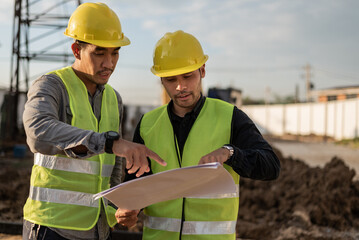 Engineers working on building site. Construction manager and engineer meeting and discussion about project in construction site.