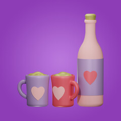 A bottle of wine and two full glasses with heart label 3d illustration