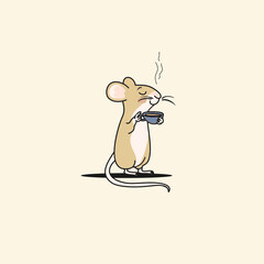 A cute little mouse drinking a cup of coffee. Mouse vector illustration cartoon. A mouse pastel cartoon isolated.