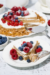 piece of healthy oatmeal cake with yogurt and fresh berries, vertical