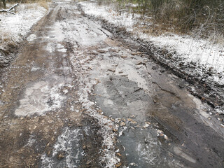 Frozen puddles on a dirt road.