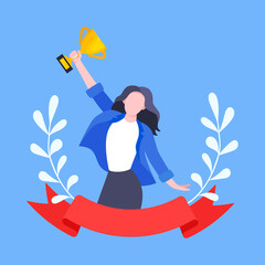 Fototapeta premium Best worker employee winner with trophy cup inside award ribbon and floral wreath flat style design vector illustration. Employee of the month, talent award, best worker competition prize.