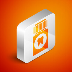 Isometric Toothache painkiller tablet icon isolated on orange background. Tooth care medicine. Capsule pill and drug. Pharmacy design. Silver square button. Vector