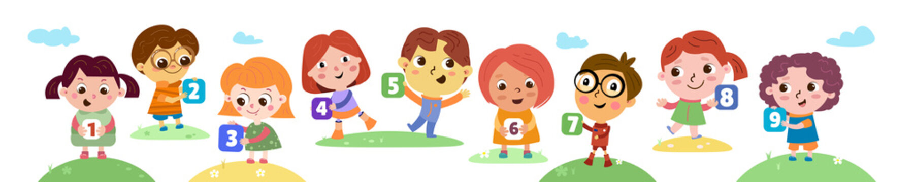 Set of children with numbers from 1 to 9. Cartoon style character for design. Vector illustrations, full color.