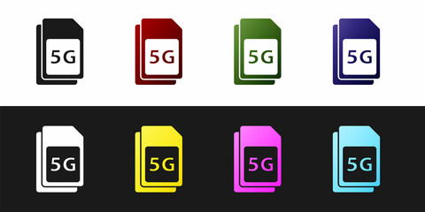 Set 5G Sim Card icon isolated on black and white background. Mobile and wireless communication technologies. Network chip electronic connection. Vector