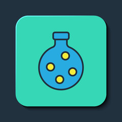 Filled outline Bottle with potion icon isolated on blue background. Flask with magic potion. Happy Halloween party. Turquoise square button. Vector