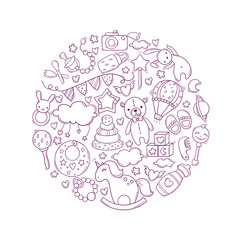 Hand drawn cute circle template with baby toys