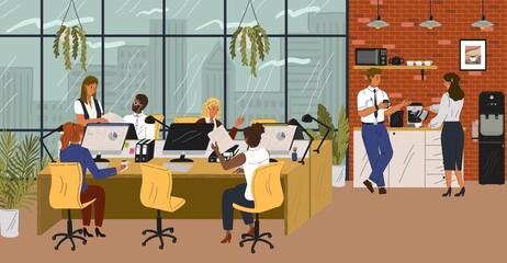 People in office sitting at desks and talking to each other. Business concept vector poster. Team work, coffee break next to office cooler. Modern corporate office interior