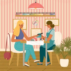 Woman in nail beauty salon receiving manicure by master with nail file. Customer in manicure studio concept vector illustration. Body care spa, beauty treatment, fingernail service
