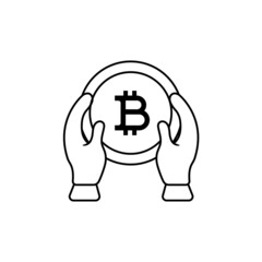 Both Hands Holding Bitcoin Outline Icon Illustration on White Background