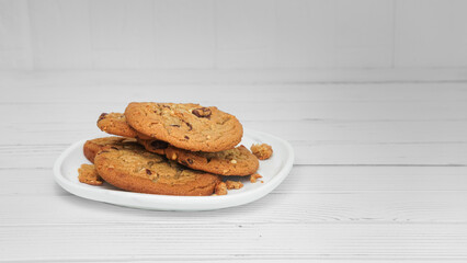 Stacks Of Peanut Butter Chocolate Chip Cookies With Broken Pieces 