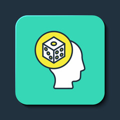 Filled outline Game dice icon isolated on blue background. Casino gambling. Turquoise square button. Vector