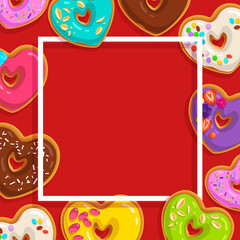 Vector frame for Valentine's Day Card red color with sweets - creative concept. Blank frame with doughnuts heart shapes red background. Illustration with empty space for text, romantic design