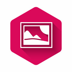 White Picture landscape icon isolated with long shadow. Pink hexagon button. Vector