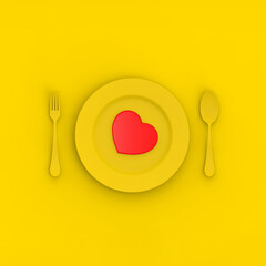 Plate is yellow on yellow background. Next to plate is yellow spoon and fork. Red heart on plate. Horizontal image. 3D image. 3D rendering.