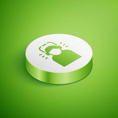 Isometric Man in headphones icon isolated on green background. White circle button. Vector