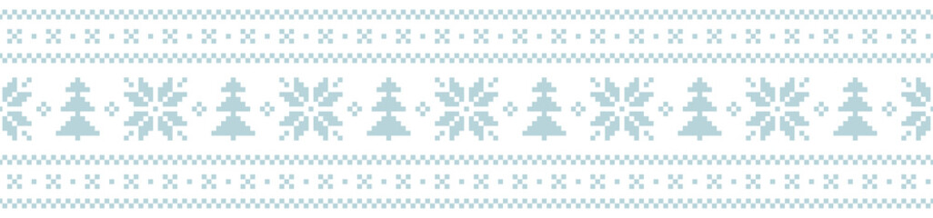 Christmas border pattern for washi tape in blue and white. Horizontally seamless pixel ribbon border vector graphic with Christmas trees and snowflakes for modern winter holiday gift paper design.