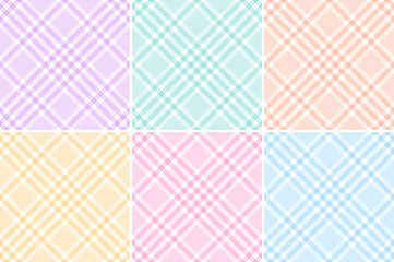Tweed check plaid pattern set in pastel colorful lilac, blue, green, pink, orange, yellow, white. Seamless diagonal glen tartan for tablecloth, oilcloth, picnic blanket, other spring fabric design.