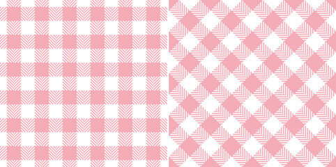 Pink gingham check plaid pattern. Seamless herringbone textured vichy check plaid vector set for gift paper, dress, jacket, skirt, scarf, tablecloth, other modern spring summer fashion fabric design.