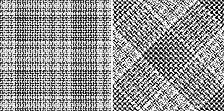 Glen plaid pattern print in black and white. Seamless pixel textured tartan tweed vector graphic background for dress, skirt, trousers, jacket, other modern spring autumn winter fashion fabric design.