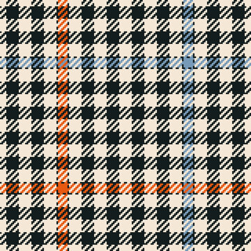 Tweed check plaid pattern in brown, orange, blue, beige. Seamless multicolored dog tooth tartan for jacket, coat, skirt, dress, trousers, blanket, other modern spring autumn winter textile print.