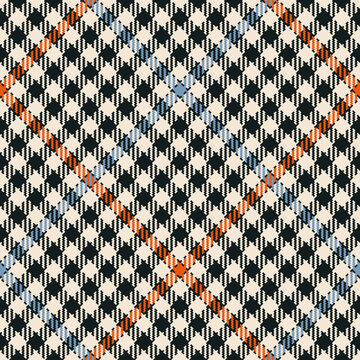Tweed check plaid pattern in brown, orange, blue, beige for spring autumn winter. Seamless diagonal houndstooth tartan for jacket, coat, skirt, dress, trousers, blanket, other trendy fabric design.