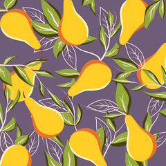 Pattern with fruits. The pear is yellow. Gray background. Vector stock illustration. Nature and plants. Flowers. Food and vegetables.