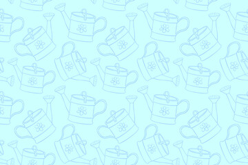 Seamless pattern with watering cans. Hand drawn outline vector background and texture in doodle style, isolated. Gardening tools for working in the garden, on the farm, in the dacha, country site
