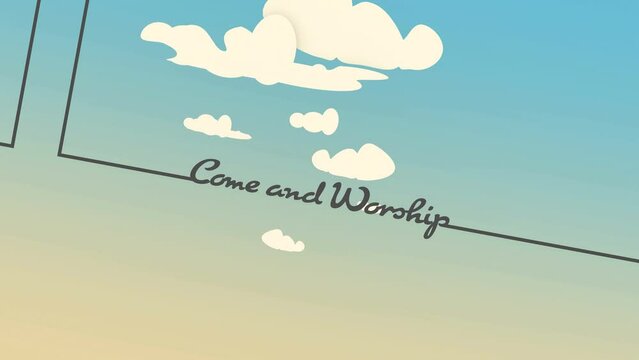 Cross and come and worship text in thin lines style