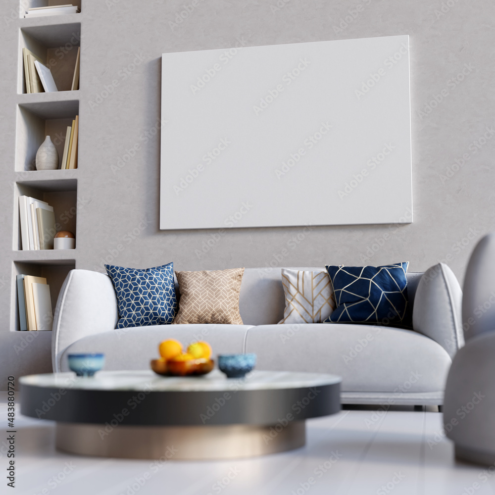 Poster modern living room interior with rounded furniture and big canvas mock up on the wall. shallow depth