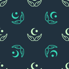 Green and beige Star and crescent - symbol of Islam icon isolated seamless pattern on blue background. Religion symbol. Vector