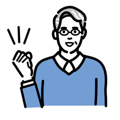 笑顔でガッツポーズをしているメガネをかけた中年男性
