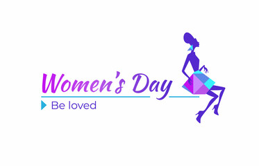 Fototapeta na wymiar Woman's day card of colorful girl silhouette, logotype with pretty girl sitting with crystals on skirt and the earring on white background. Vector illustration for banner, logo, kids fashion, decor.
