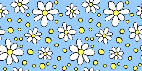 Vector simple primitive floral seamless pattern. Cute endless print with flowers. Sketch, doodle, scribble. Summer spring texture