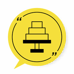 Black Cake icon isolated on white background. Happy Birthday. Yellow speech bubble symbol. Vector