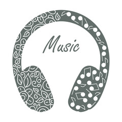 Headphones and musical notes in doodle style. Hand-drawn vector monochrome illustrations.