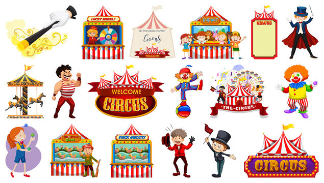 Set of circus characters and amusement park elements
