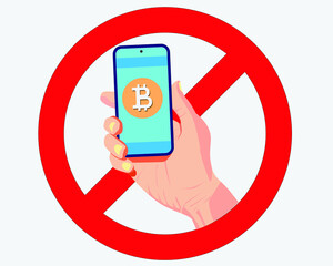 no bitcoin sign with hand holding phone in bitcoin symbol for ban bitcoin