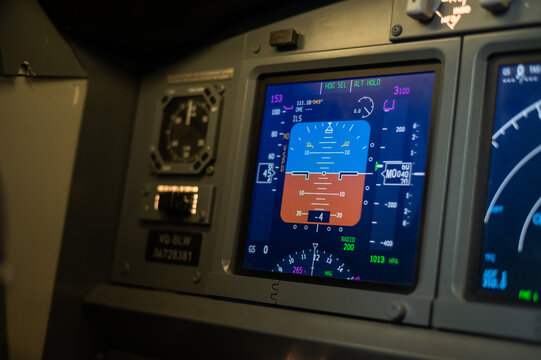 Navigation on board the aircraft. Close-up of an airplane dashboard. 