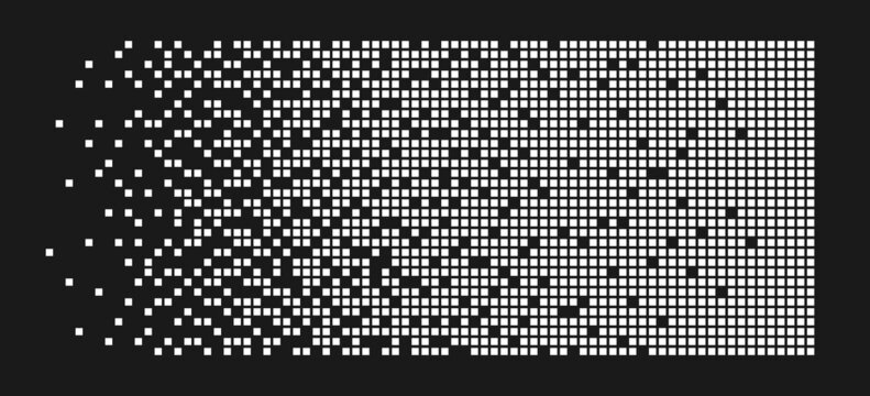 Pixel disintegration background. Decay effect. Dispersed dotted pattern. Concept of disintegration. Abstract pixel mosaic texture with simple square particles. Vector illustration on black background.