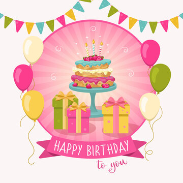 Happy birthday card. Cake with three candles, gifts, balloons and garlands in a round frame with a ribbon. Vector illustration.