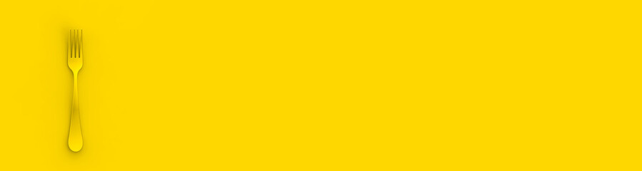 Fork is yellow on yellow background. Horizontal image. Banner for insertion into site. 3D image. 3D rendering.