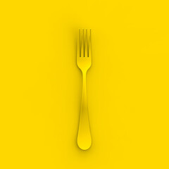 Fork is yellow on yellow background. Square image. 3D image. 3D rendering.