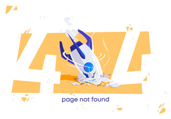 vector illustration of a web page error 404 page not found, with a fallen broken rocket