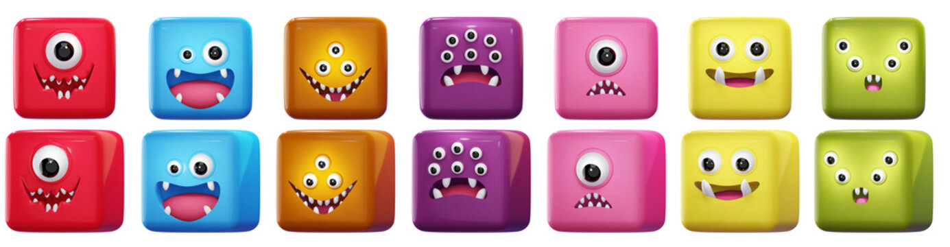 S&eacute;rie de portrait illustration enfantin 3d de personnage monstre souriant et heureux pouvant illustrer des avatars de profil