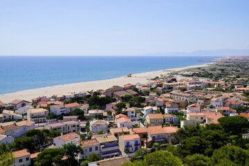 Fototapeta na wymiar Leucate city beach mediterranen sea coast in french Occitanie south france village top hill view roof house street