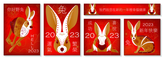 Set of banners for Chinese New Year. Chinese translation: we wish you happiness and health in the coming year, hello hare, good luck, prosperity, success, joy, rabbit. Vector illustration.