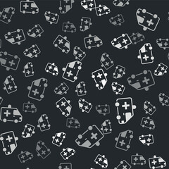 Grey Ambulance and emergency car icon isolated seamless pattern on black background. Ambulance vehicle medical evacuation. Vector
