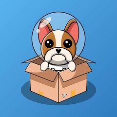 Cute boston terrier dog astronaut in a cardboard box vector illustration © yudhi