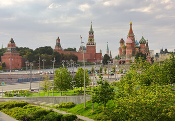 Moscow Kremlin from Zaryadye Park. Spasskaya tower, St. Basil's Cathedral